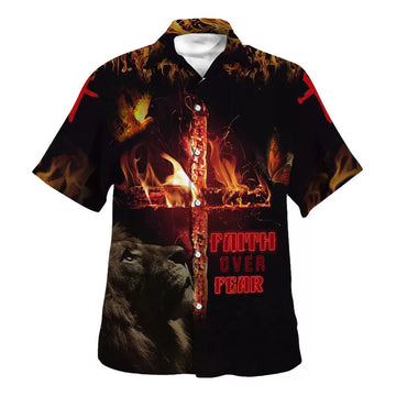 UniJames Lion Cross Faith Over Fear Hawaiian Shirts For Men - Christian Hawaiian Shirt - Hawaiian Summer Shirts