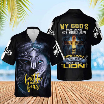 UniJames Lion God Inside Faith Over Fear Lion Jesus Hawaiian Shirt - Christian Hawaiian Shirts For Women Men