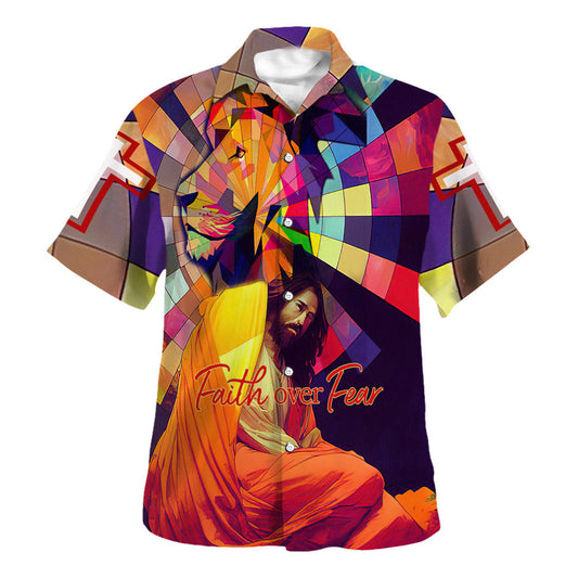 UniJames Lion Jesus Faith Over Fear Hawaiian Shirts For Men - Christian Hawaiian Shirt - Hawaiian Summer Shirts