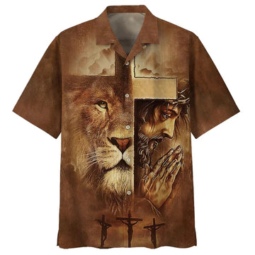 UniJames Lion Jesus Pray Cross Hawaiian Shirt - Best Hawaiian Shirts - Christian Hawaiian Shirt