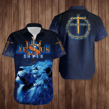 UniJames Lion Jesus Saves Hawaiian Shirt Forgiven Cross Christian Faith Shirt Clothing Unique - Christian Hawaiian Shirt for Men Women