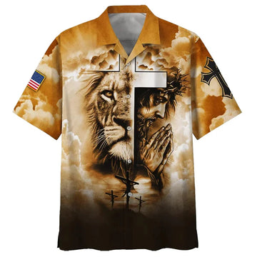 UniJames Lion Pray With Jesus On The Cross Hawaiian Shirt - Best Hawaiian Shirts - Christian Hawaiian Shirt