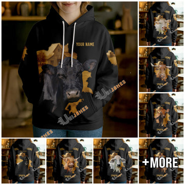 Uni Personalized Name & Farm Name Vintage Barn Cow Hoodie (10 Cattle Breeds)