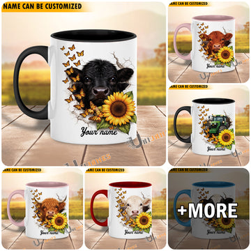 Uni Sunflower Cow Love Personalized Name Mug (10 Cattle Breeds)