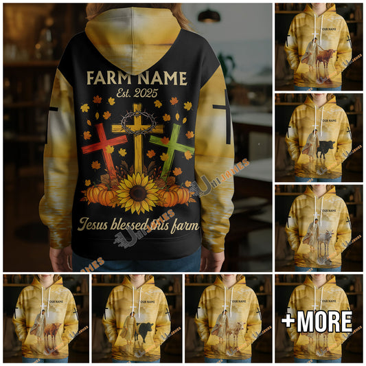 Uni Personalized Name & Farm Name Jesus Blessed This Farm Christian Hoodie (10 Cattle Breeds)