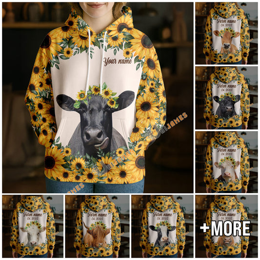 Uni Sunflower Crown Cow – Personalized Farm Hoodie (8 Cattle Breeds)