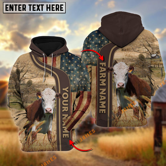 Uni Personalized Name, Farm Name Hereford US Flag Hoodie