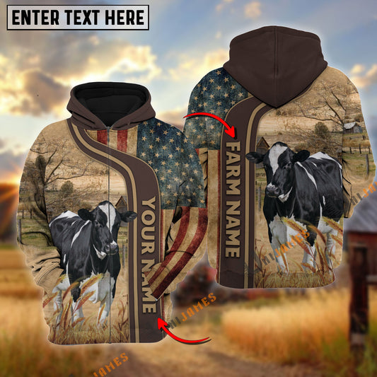 Uni Personalized Name, Farm Name Holstein US Flag Hoodie