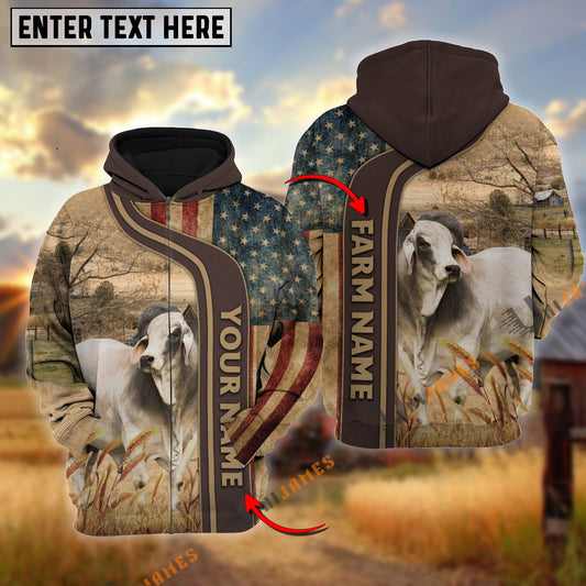 Uni Personalized Name, Farm Name Brahman US Flag Hoodie