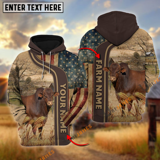 Uni Personalized Name, Farm Name Beefmaster US Flag Hoodie