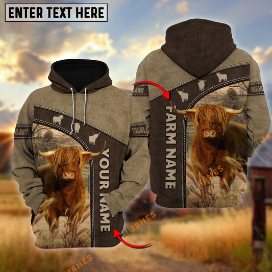 Uni Highland Happiness Farming Personalized Name, Farm Name 3D Hoodie