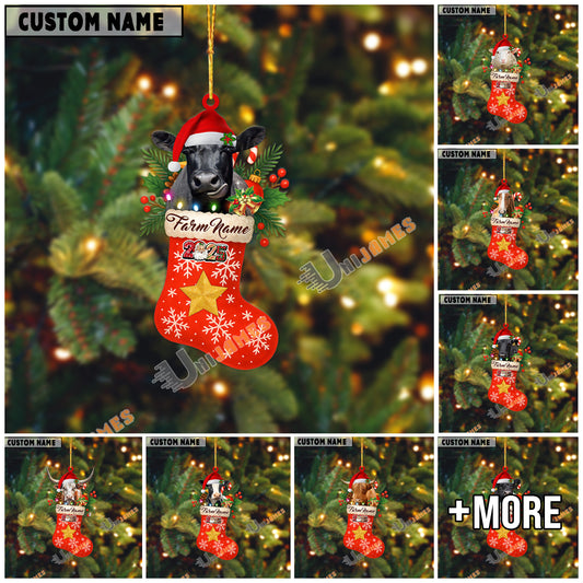 Uni Personalized Merry Christmas Cow Stocking Acrylic Ornament (14 Breed Options)