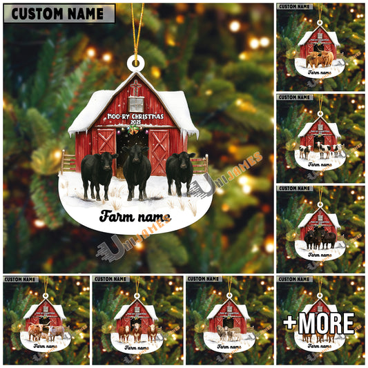 Uni Personalized Cow Moo-ry Christmas Barn Acrylic Ornament (14 Breed Options)