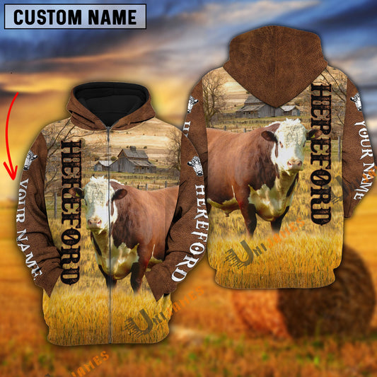 Uni Personalized Name Farm Hereford Cattle Brown Hoodie