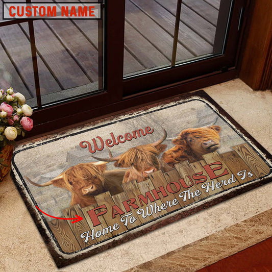 Uni Highland Custom Name - Home To Where The Herd Is FarmHouse Doormat
