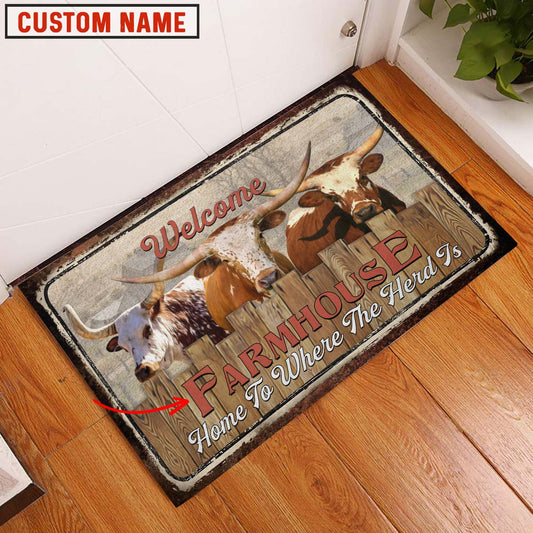 Uni Texas Longhorn Custom Name - Home To Where The Herd Is FarmHouse Doormat