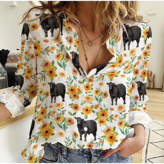 Unique Sunflower Pattern Black Angus Cattle Casual Shirt