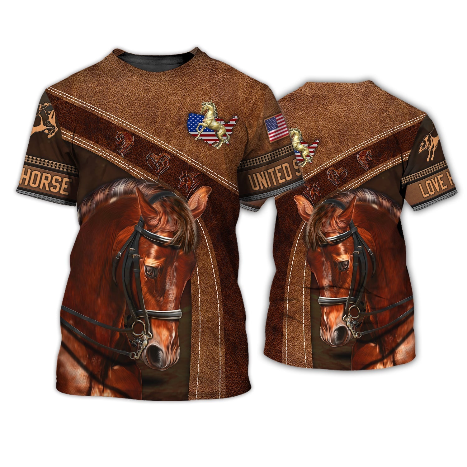 Uni American Brown Horse 2 Leather Pattern Custom Name 3D Shirts