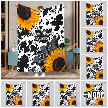Uni Personalized Sunflowers & Cattle – Personalized Farmhouse Blanket (10 Cattle Breeds)