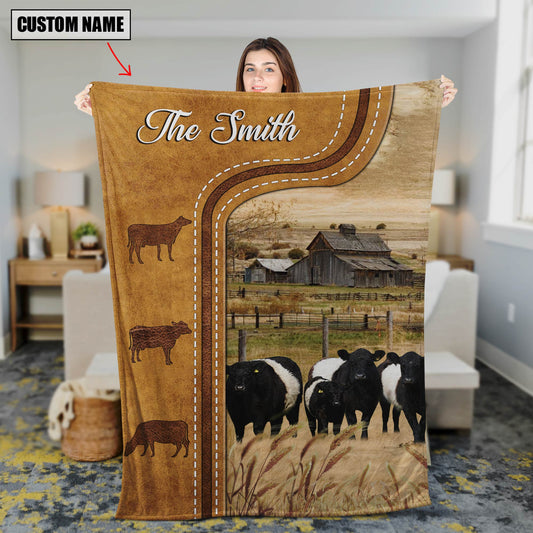 Uni Personalized Name Belted Galloway Cattle In Field Farmhouse Blanket