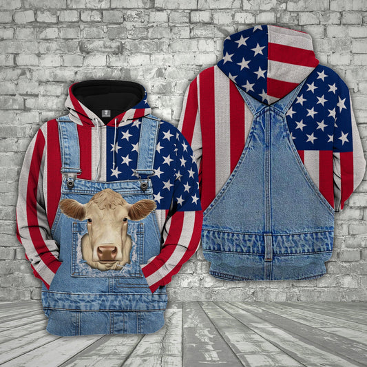 Uni Charolais Cattle US Flag Farm Personalized 3D Hoodie