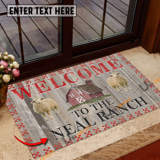 Uni Sheep Welcome To The Farmhouse Custom Name Doormat