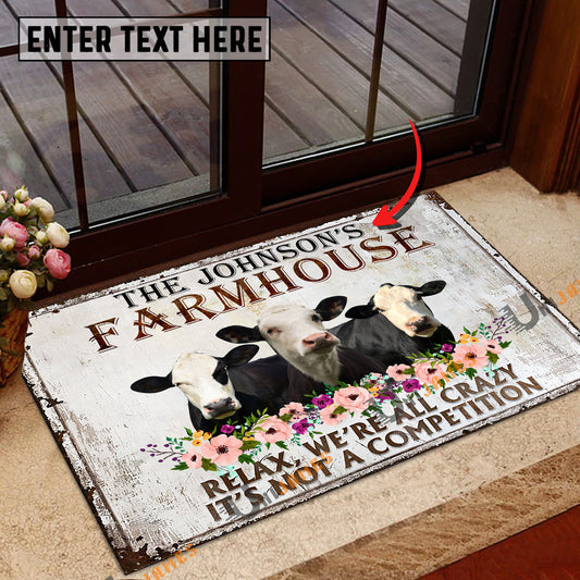 Uni Black Baldy Relax Cattle Farm Personalized Name Doormat