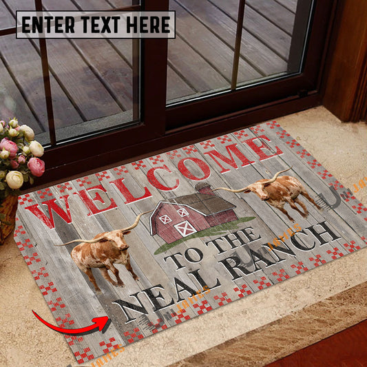 Uni Texas Longhorn Welcome To The Farmhouse Custom Name Doormat