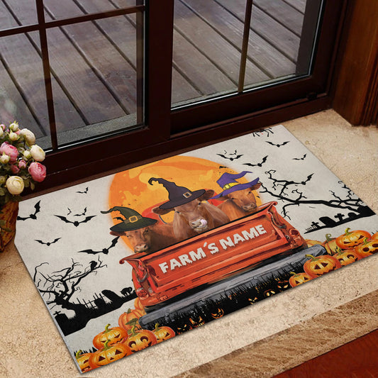 Uni Red Angus Custom Farm Name Halloween Doormat