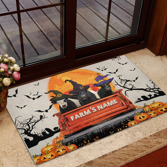 Uni Belted Galloway Custom Farm Name Halloween Doormat