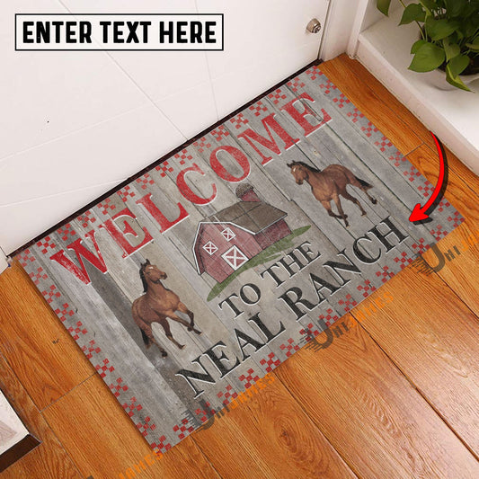 Uni Horse Welcome To The Farmhouse Custom Name Doormat