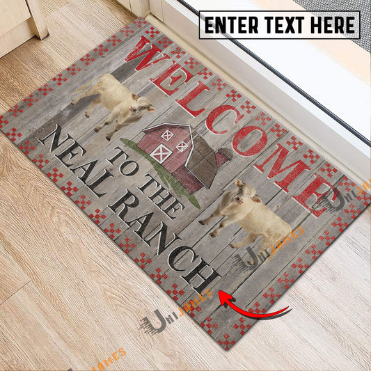 Uni Charolais Welcome To The Farmhouse Custom Name Doormat
