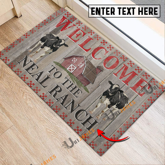Uni Holstein Welcome To The Farmhouse Custom Name Doormat