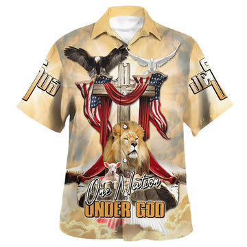 UniJames One Nation Under God America Flag Lion And The Lamb Jesus Hawaiian Shirt - Best Hawaiian Shirts - Christian Hawaiian Shirt