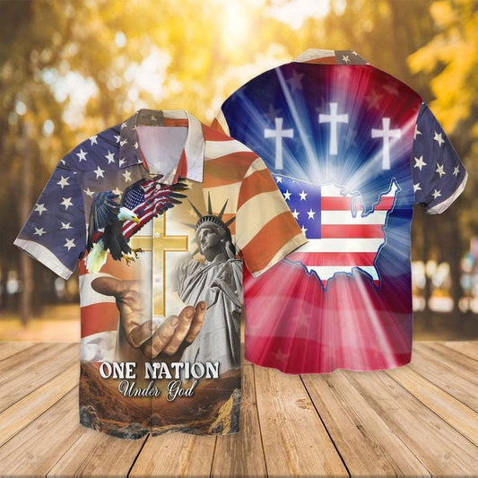 UniJames One Nation Under God American Flag Jesus Eagle Hawaiian Shirt - Christian Hawaiian Shirts For Men & Women
