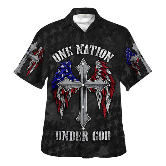 UniJames One Nation Under God American Flag With Cross Hawaiian Shirt - Christian Hawaiian Shirt - Best Hawaiian Shirts