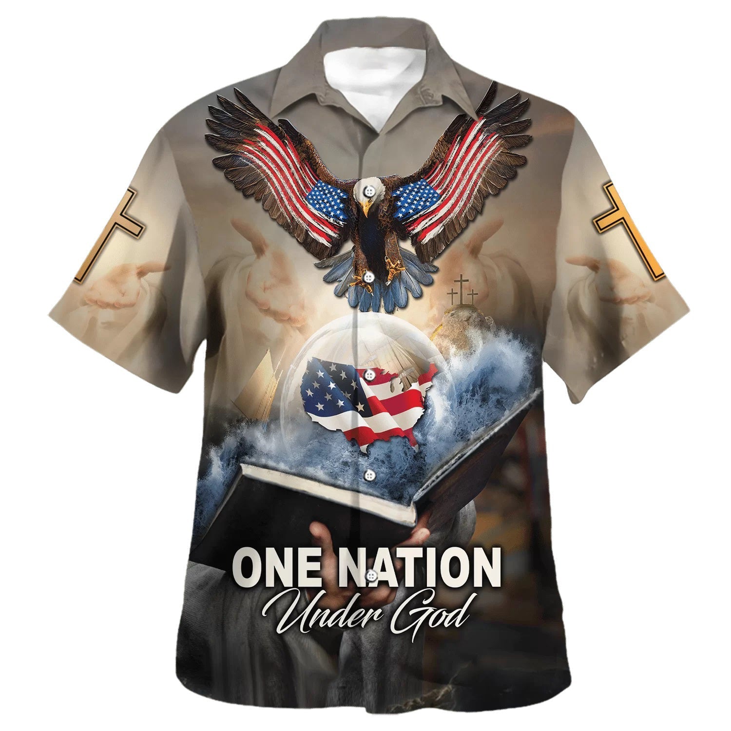 UniJames One Nation Under God Eagle With American Hawaiian Shirt - Christian Hawaiian Shirt - Religious Hawaiian Shirts