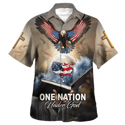 UniJames One Nation Under God Eagle With American Hawaiian Shirt - Christian Hawaiian Shirt - Religious Hawaiian Shirts