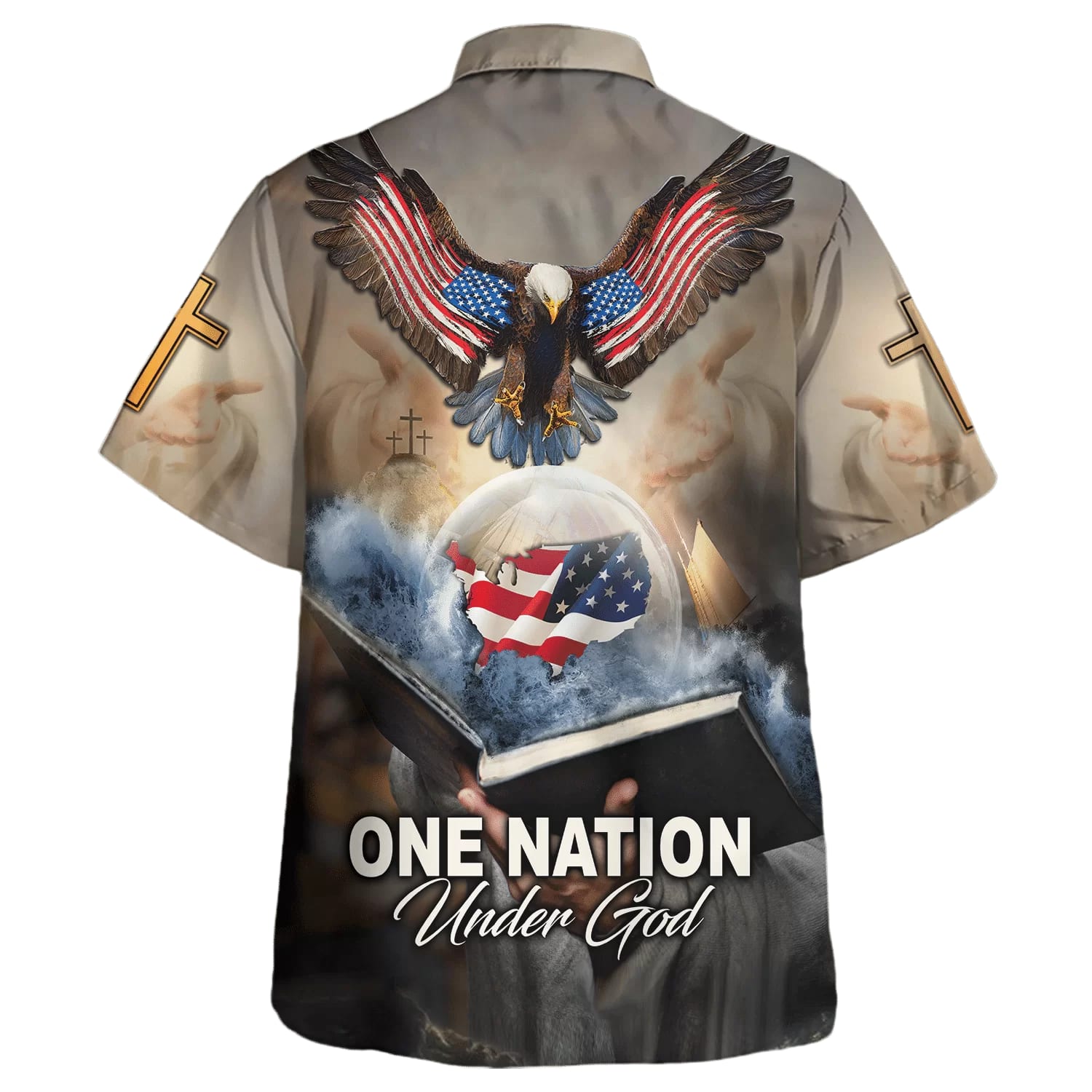 UniJames One Nation Under God Eagle With American Hawaiian Shirt - Christian Hawaiian Shirt - Religious Hawaiian Shirts