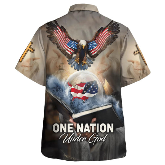 UniJames One Nation Under God Eagle With American Hawaiian Shirt - Christian Hawaiian Shirt - Religious Hawaiian Shirts