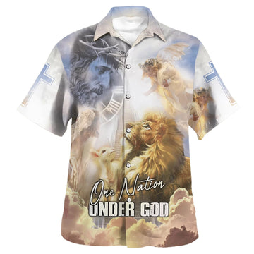 UniJames One Nation Under God Hawaiian Shirt - Jesus Christ Lion And Lamb Hawaiian Shirts For Men - Christian Hawaiian Shirt