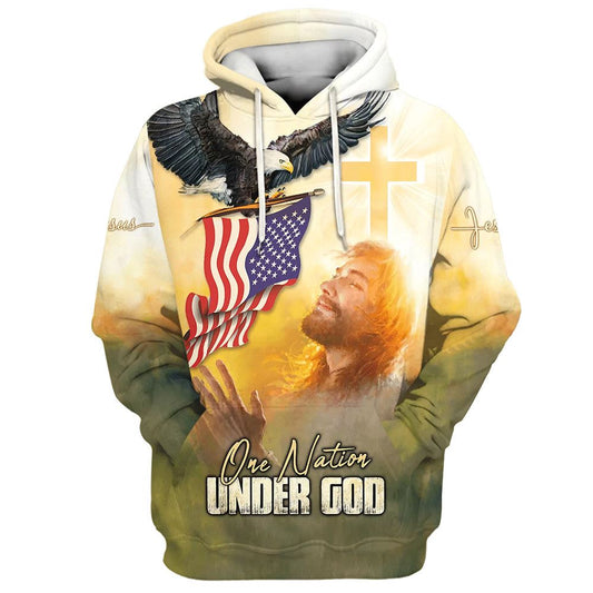 Uni One Nation Under God Hoodie Jesus Bald Eagle American Flag 3D Hoodie