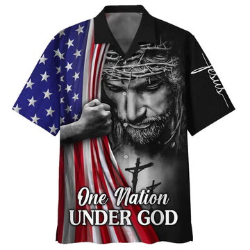 UniJames One Nation Under God Jesus American Hawaiian Shirt - Best Hawaiian Shirts - Christian Hawaiian Shirt