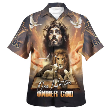 UniJames One Nation Under God Jesus Lion Cross Hawaiian Shirt - Christian Hawaiian Shirt - Religious Hawaiian Shirts