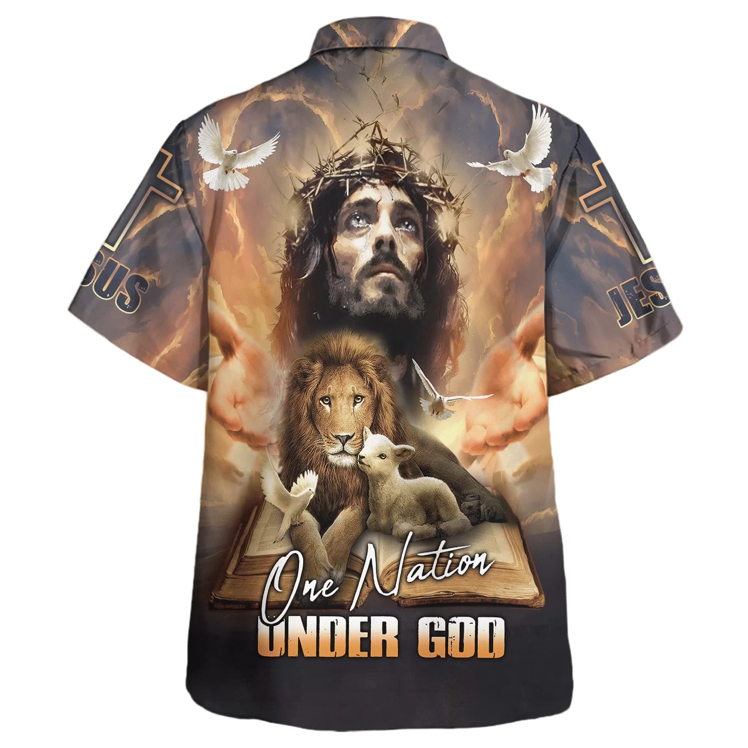 UniJames One Nation Under God Jesus Lion Cross Hawaiian Shirt - Christian Hawaiian Shirt - Religious Hawaiian Shirts