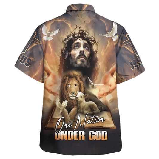 UniJames One Nation Under God Jesus Lion Cross Hawaiian Shirt - Christian Hawaiian Shirt - Religious Hawaiian Shirts