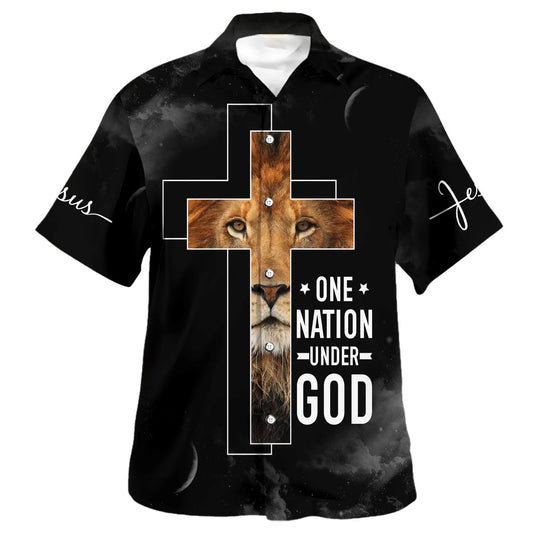 UniJames One Nation Under God Lion Cross Hawaiian Shirts For Men - Christian Hawaiian Shirt - Hawaiian Summer Shirts
