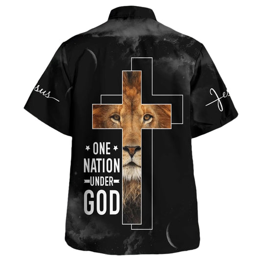UniJames One Nation Under God Lion Cross Hawaiian Shirts For Men - Christian Hawaiian Shirt - Hawaiian Summer Shirts