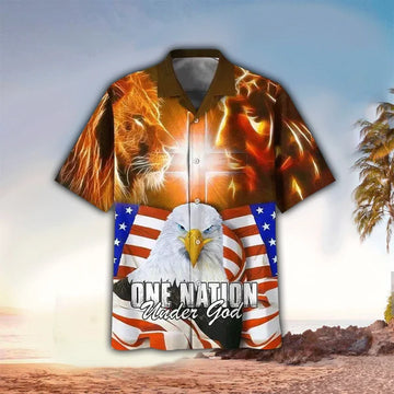 UniJames One Nation Under God Lion Eagle Jesus Hawaiian Shirt - Christian Hawaiian Shirt for Men Women