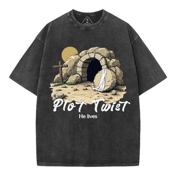 Plot Twist He lives Retro Christian Washed T-Shirt Sale - GuidingCross